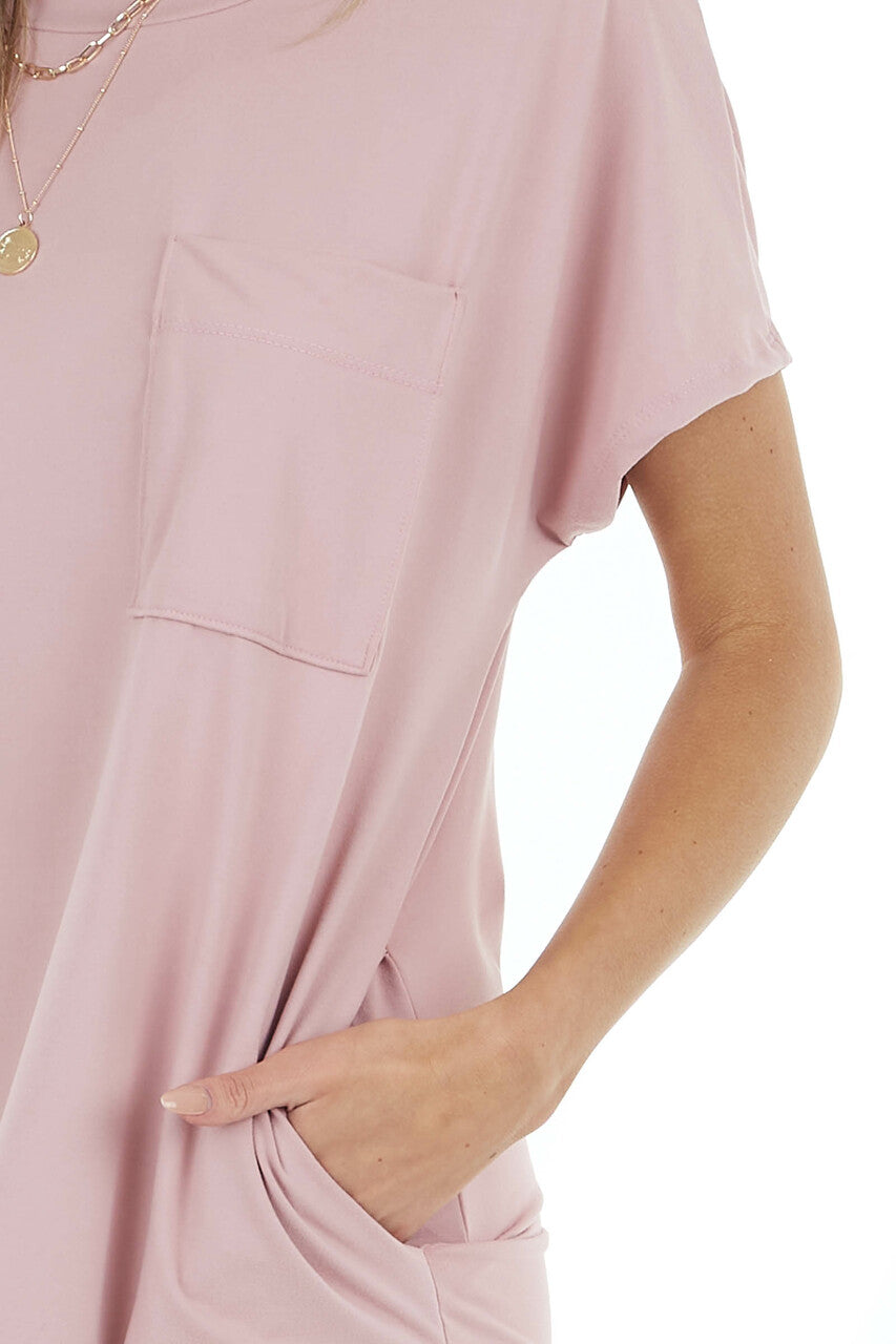 Dusty Blush Short Sleeve Tee Shirt Dress with Front Pocket