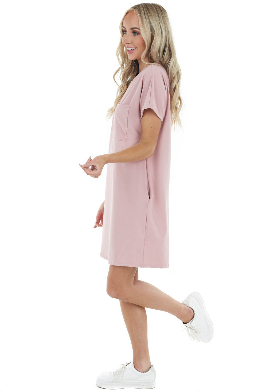 Dusty Blush Short Sleeve Tee Shirt Dress with Front Pocket