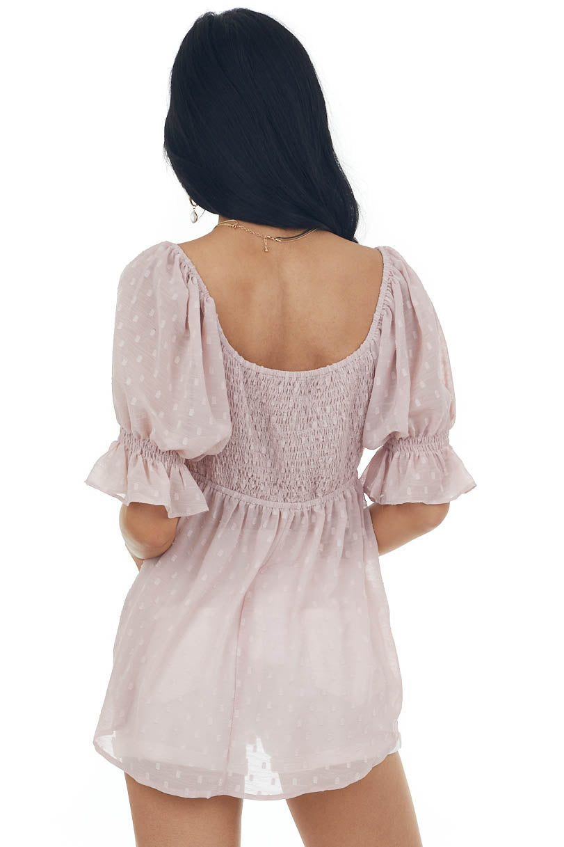 Dusty Blush Swiss Dot Puff Sleeve Babydoll Top