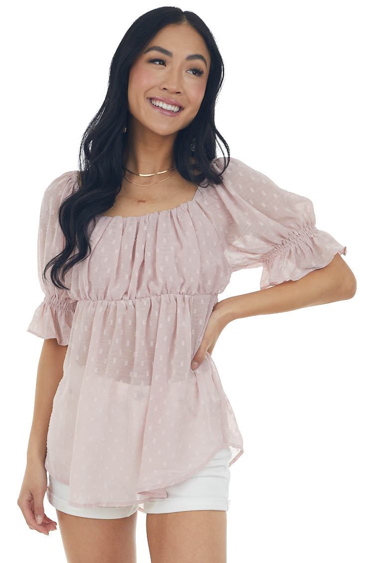 Dusty Blush Swiss Dot Puff Sleeve Babydoll Top