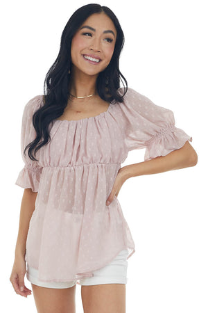 Dusty Blush Swiss Dot Puff Sleeve Babydoll Top
