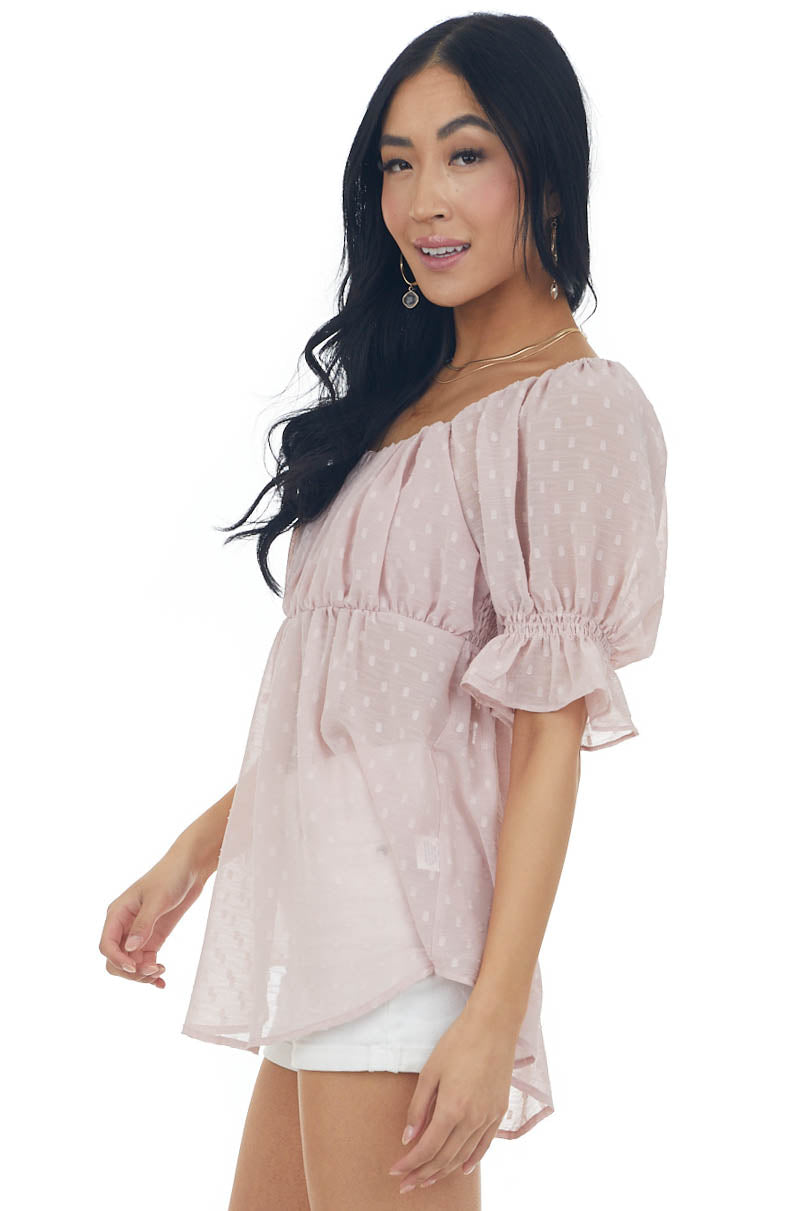 Dusty Blush Swiss Dot Puff Sleeve Babydoll Top