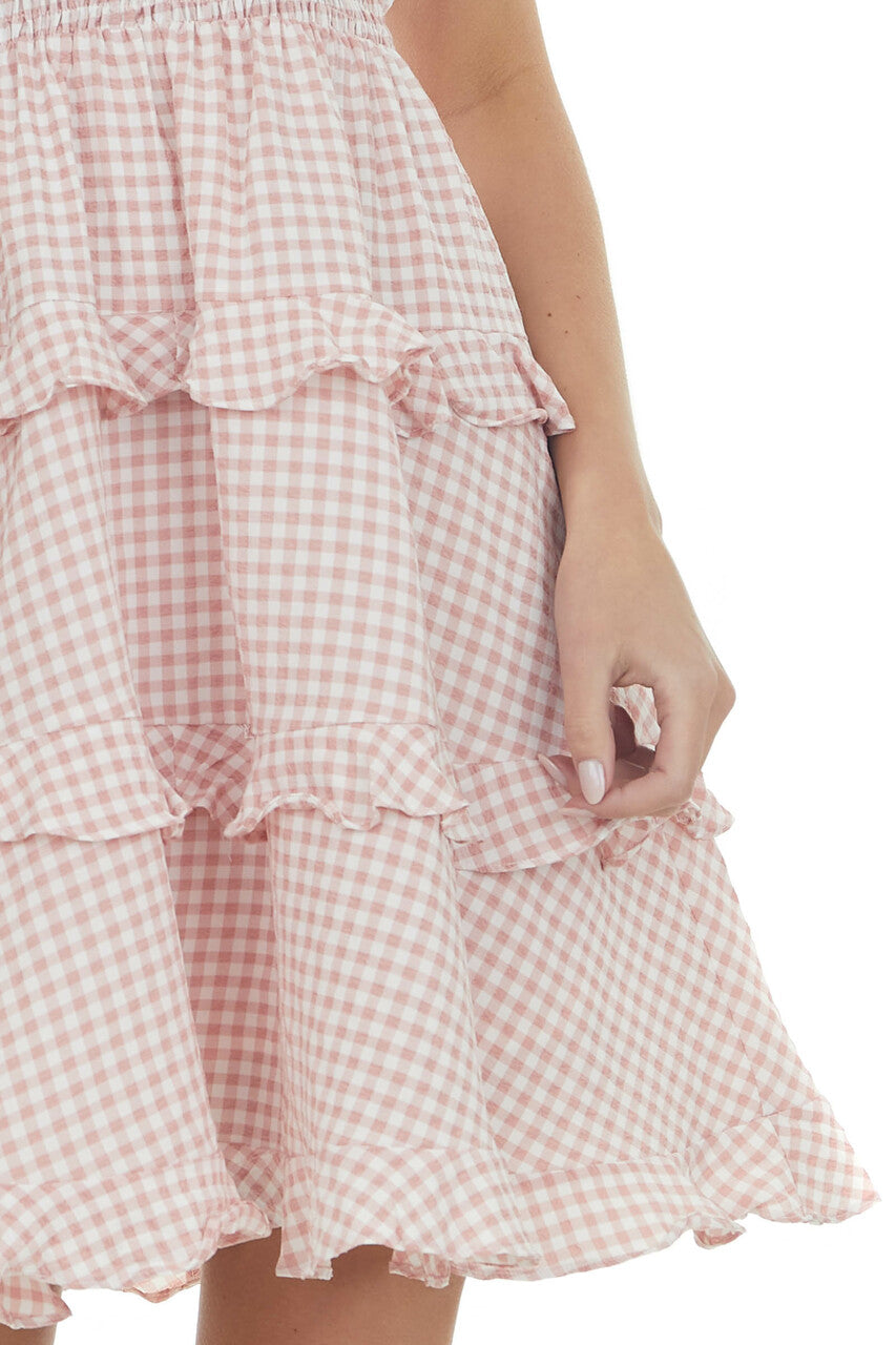 Dusty Coral Gingham Smocked Tiered Mini Dress