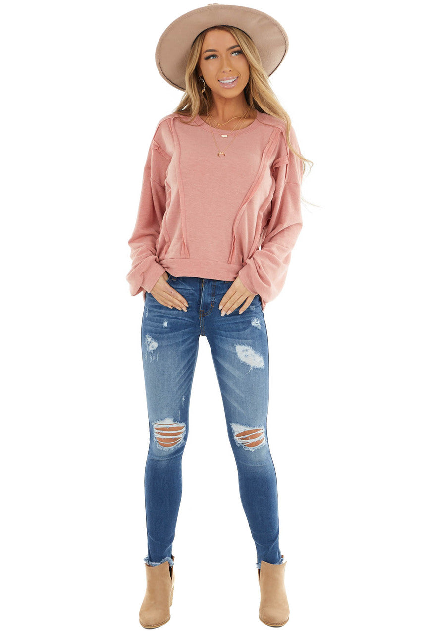 Dusty Coral Stretchy Long Sleeve Top with Raw Edge Details 