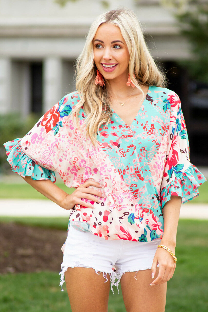 Dusty Kelly Green Multiprint Short Sleeve Surplice Top