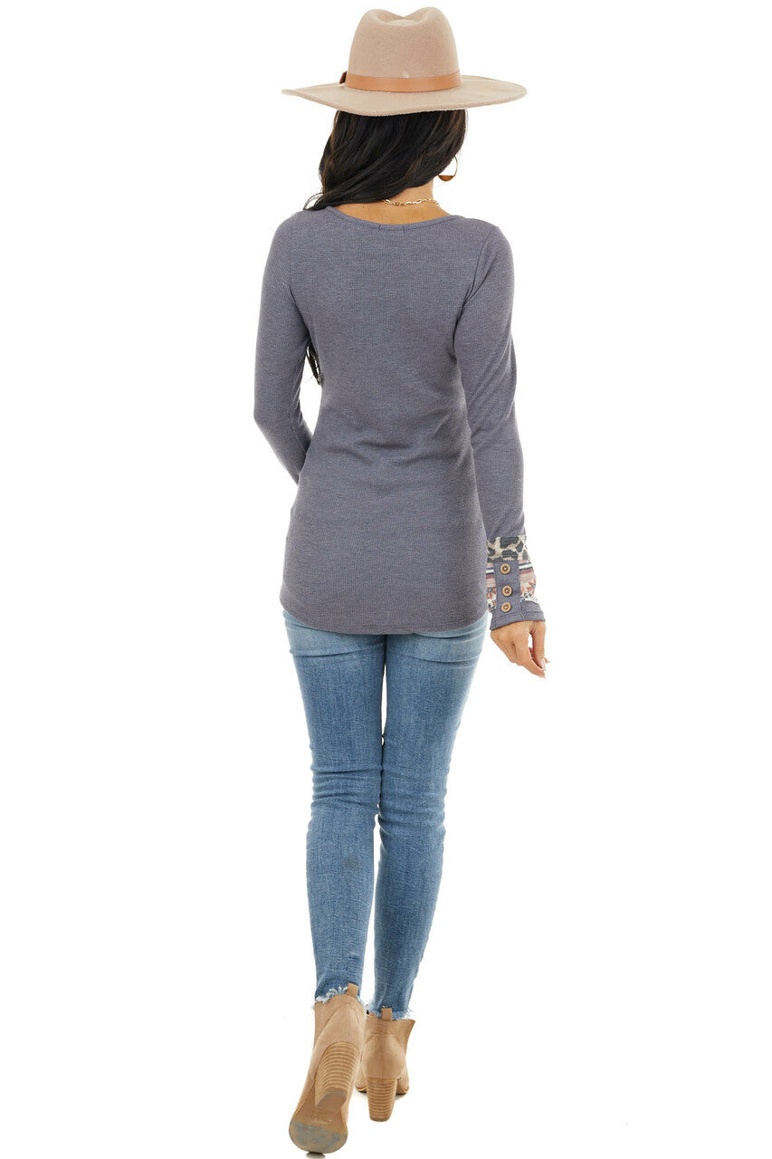 Dusty Navy Waffle Knit Top with Multiprint Cuff Detail