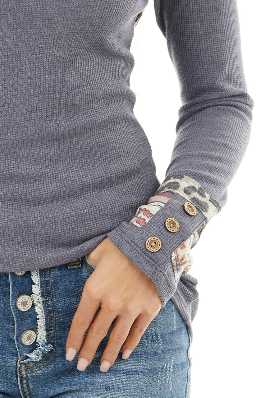 Dusty Navy Waffle Knit Top with Multiprint Cuff Detail