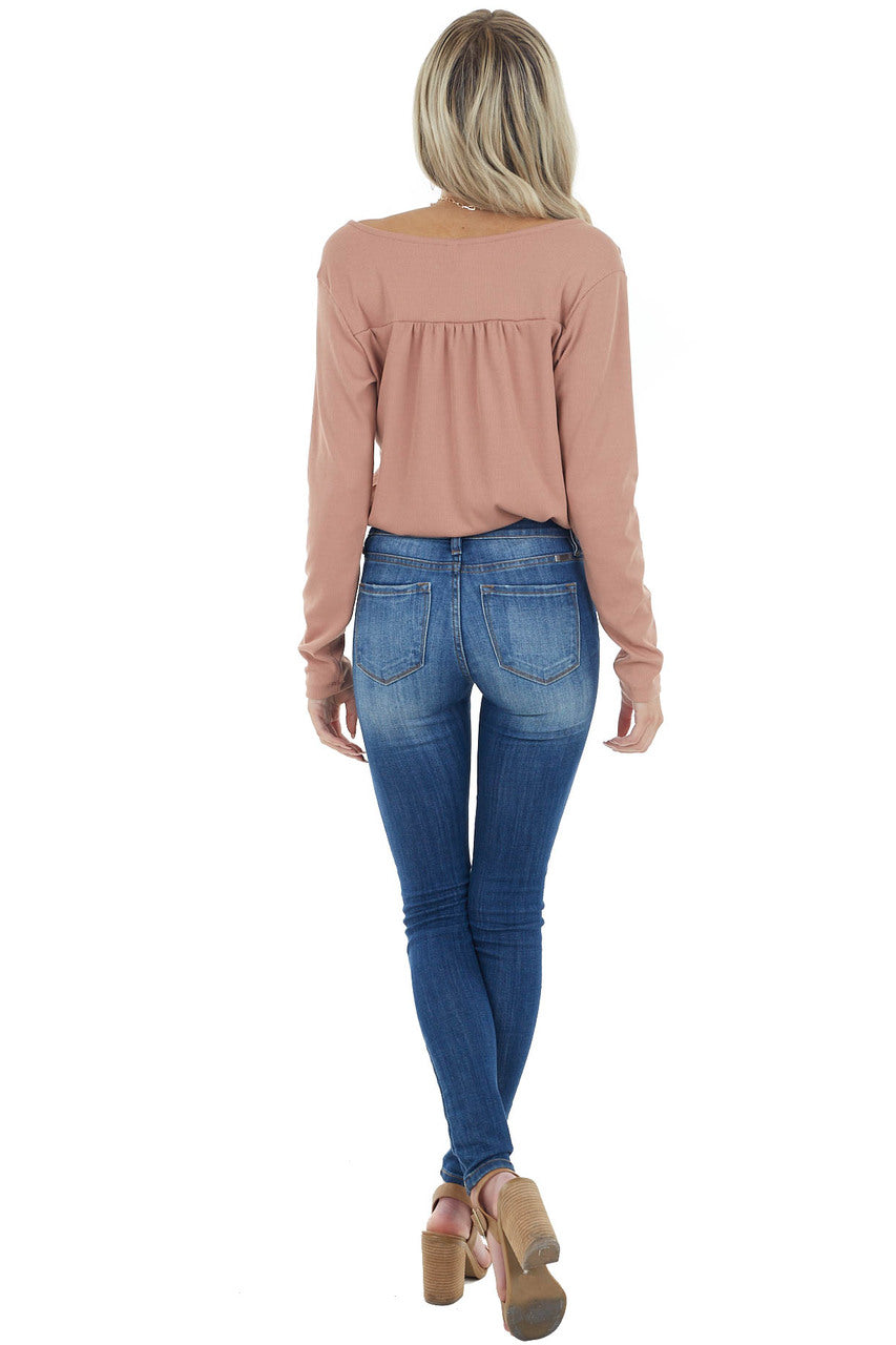 Dusty Peach Ribbed Knit Surplice Bodysuit with Long Sleeves