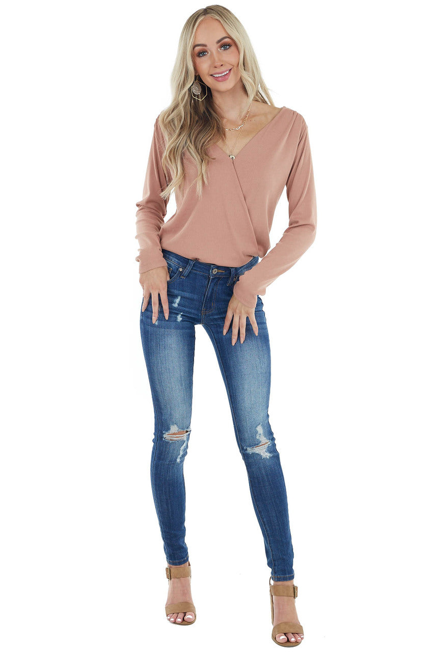 Dusty Peach Ribbed Knit Surplice Bodysuit with Long Sleeves