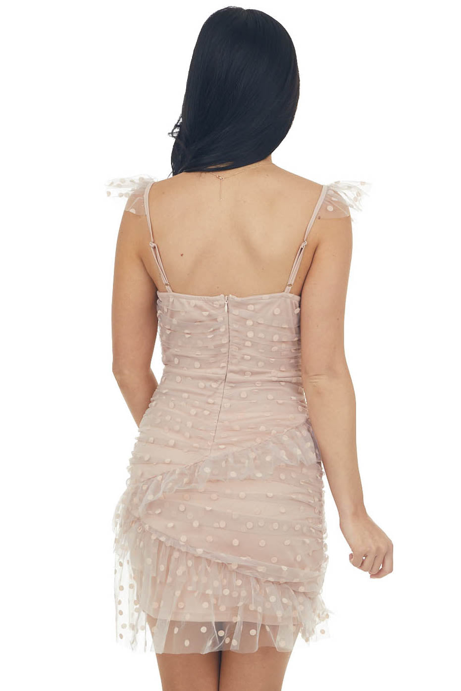 Dusty Peach Ruched Tulle Polka Dot Mini Dress