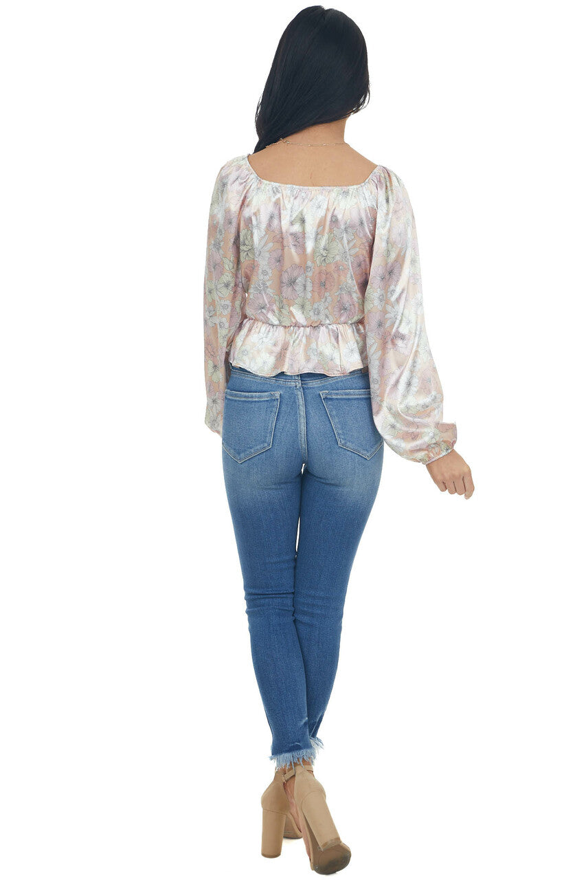 Dusty Peach Satin Floral Surplice Peplum Top