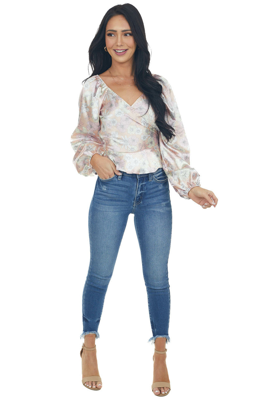 Dusty Peach Satin Floral Surplice Peplum Top