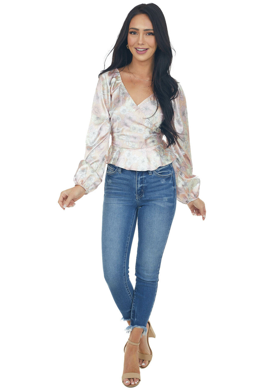 Dusty Peach Satin Floral Surplice Peplum Top