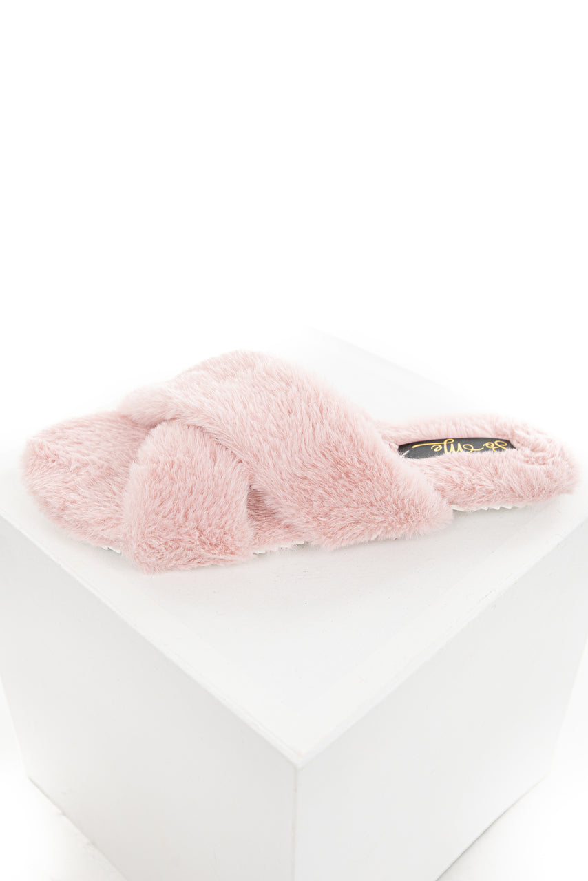 Dusty Pink Fuzzy Open Toed Slippers with Criss Cross Tops