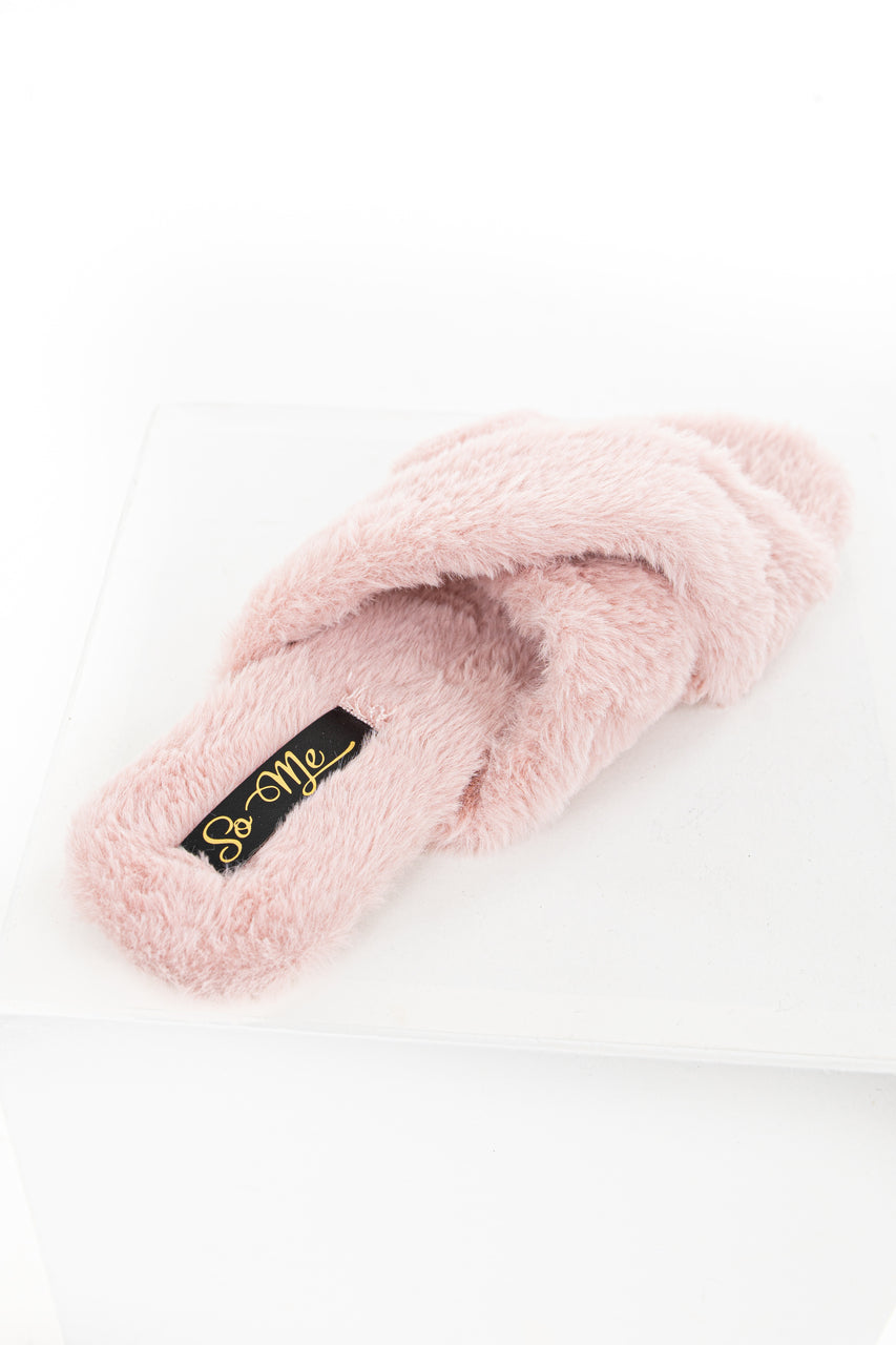 Dusty Pink Fuzzy Open Toed Slippers with Criss Cross Tops