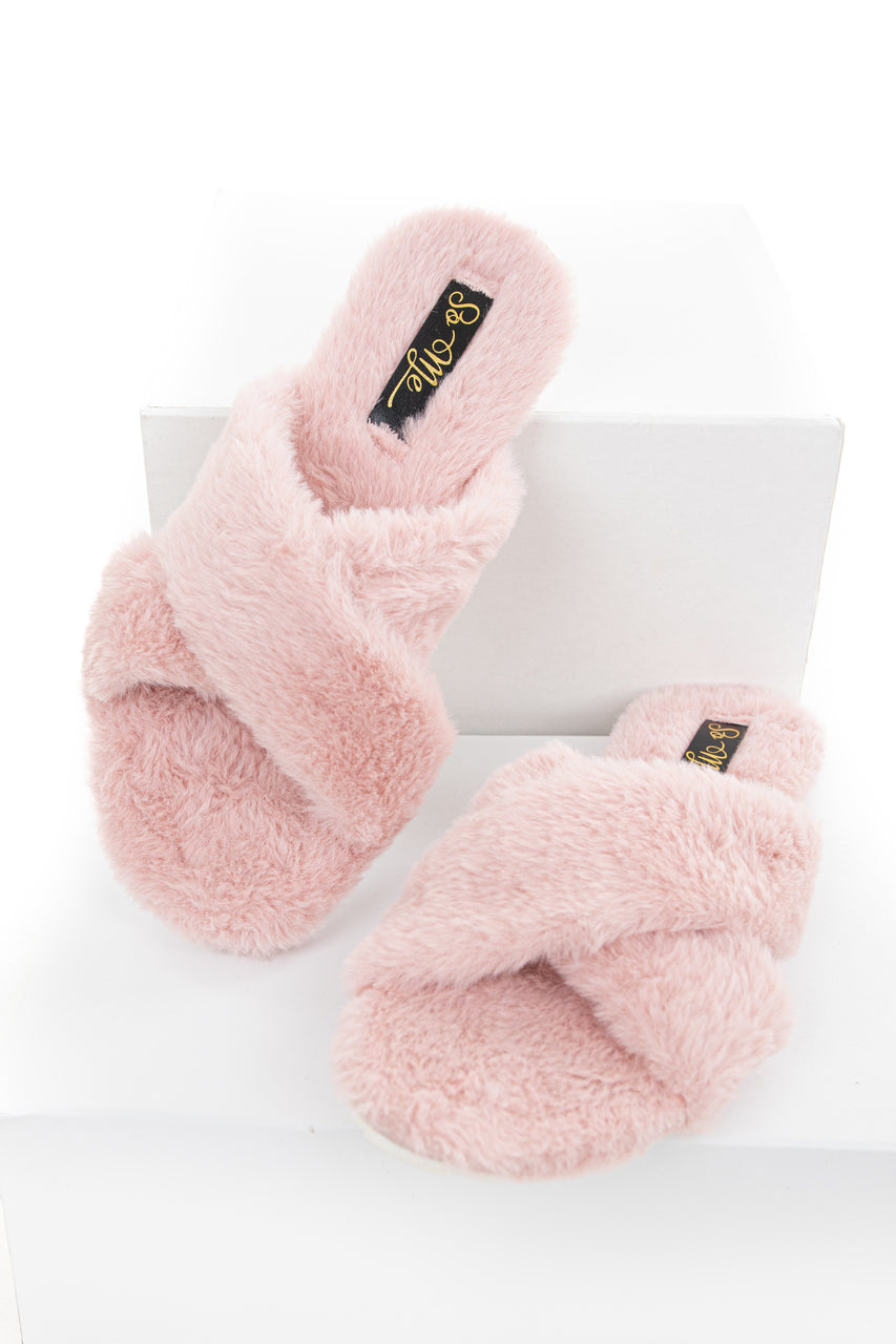 Dusty Pink Fuzzy Open Toed Slippers with Criss Cross Tops