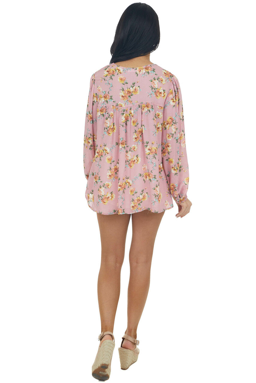Dusty Punch Floral Notch Neck Swing Blouse 