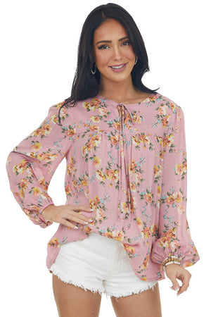Dusty Punch Floral Notch Neck Swing Blouse 