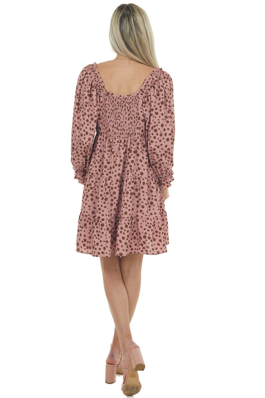 Dusty Rose Dalmatian Tiered Puff Sleeve Dress