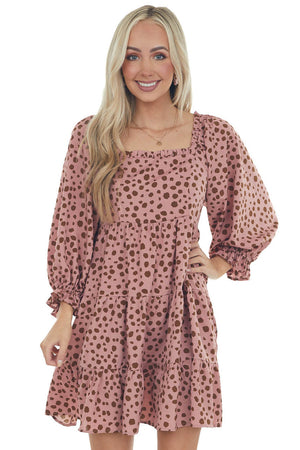 Dusty Rose Dalmatian Tiered Puff Sleeve Dress