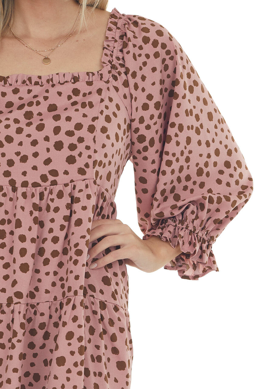 Dusty Rose Dalmatian Tiered Puff Sleeve Dress