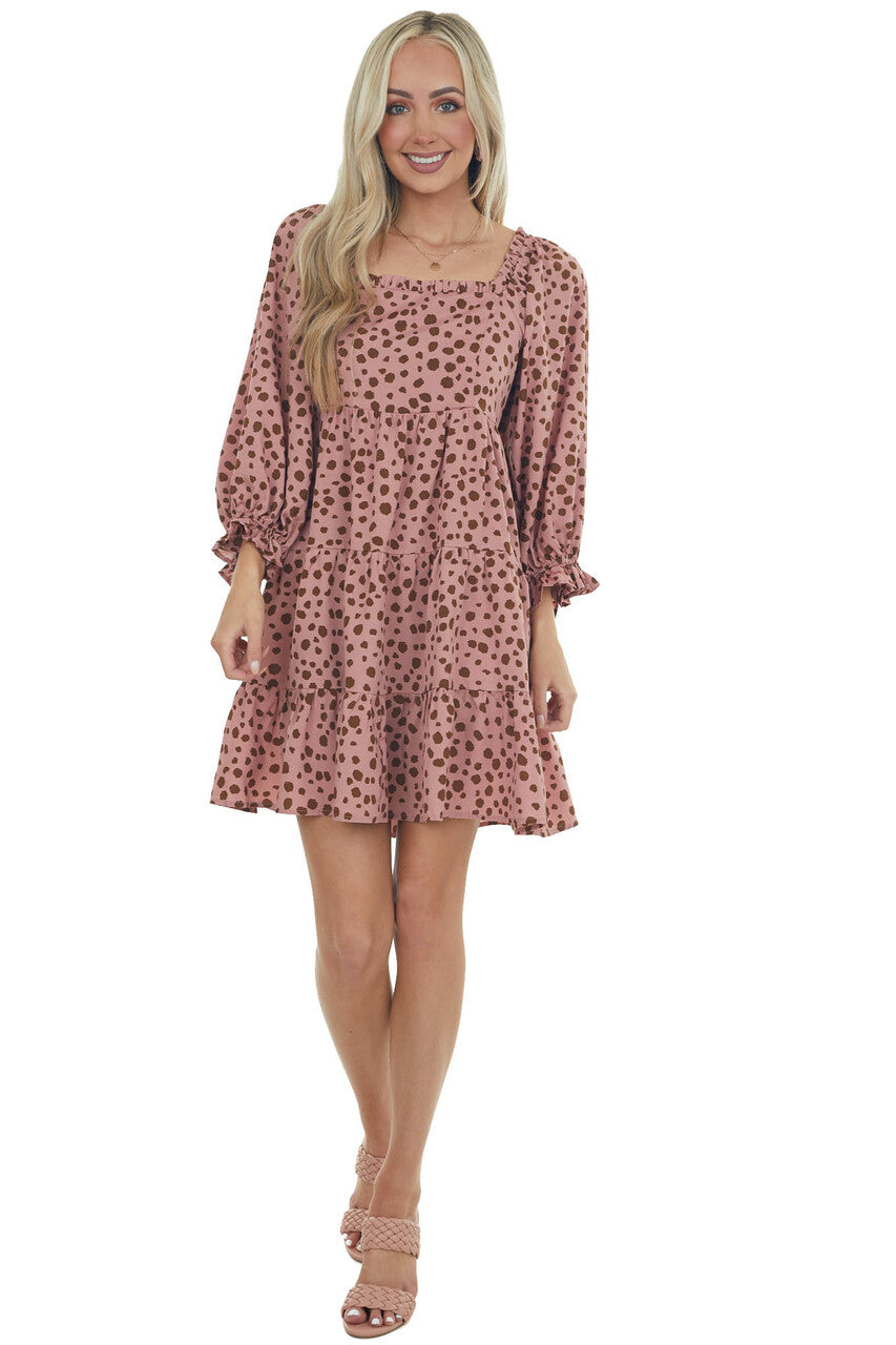 Dusty Rose Dalmatian Tiered Puff Sleeve Dress