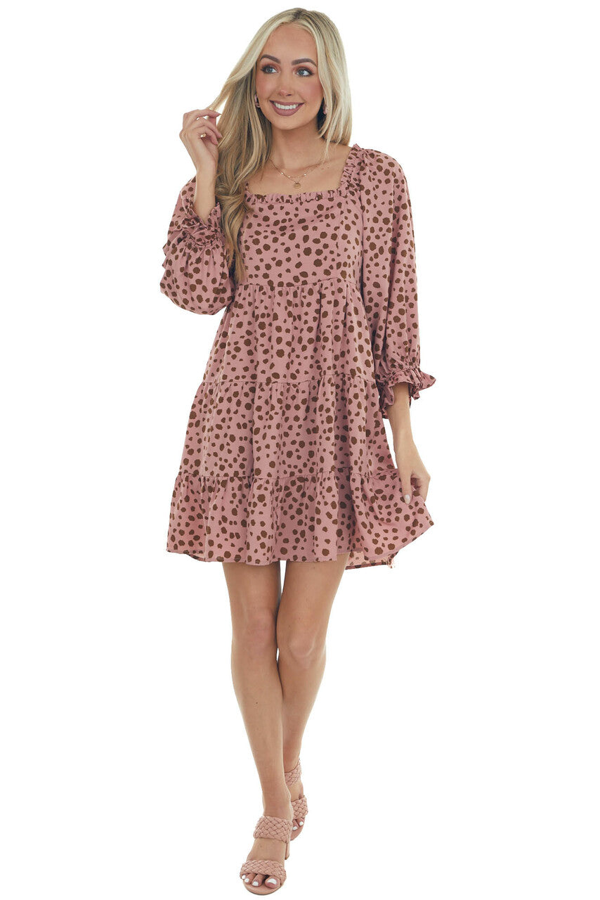 Dusty Rose Dalmatian Tiered Puff Sleeve Dress
