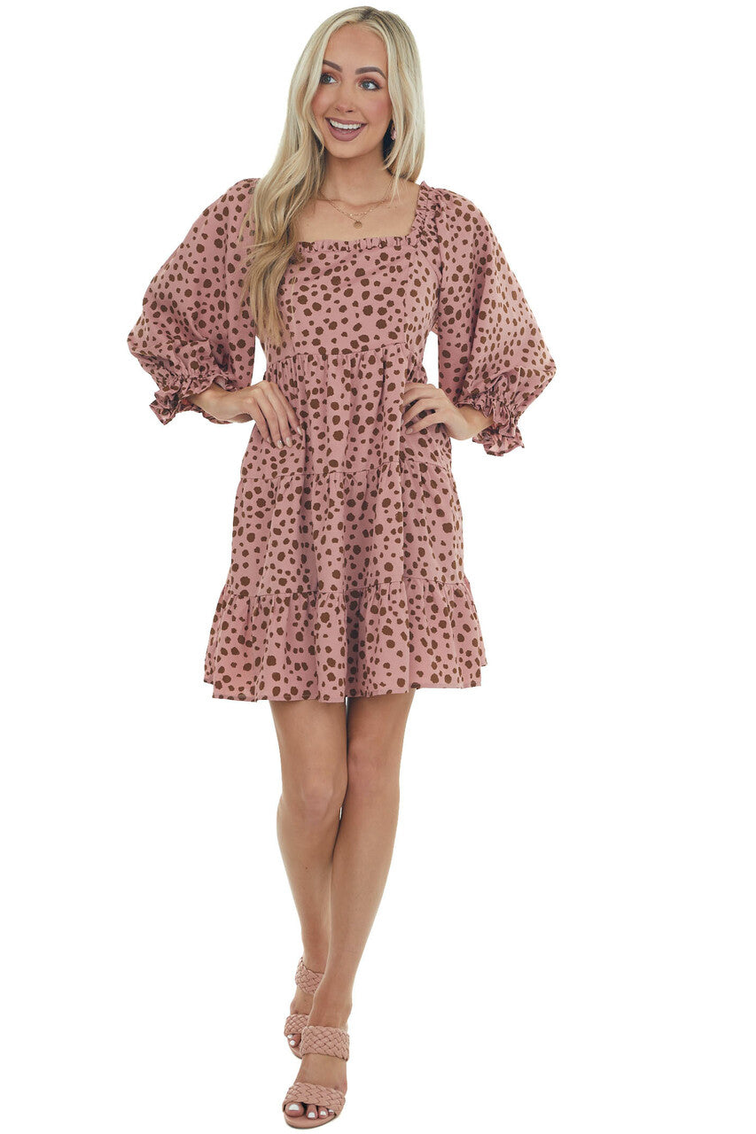Dusty Rose Dalmatian Tiered Puff Sleeve Dress