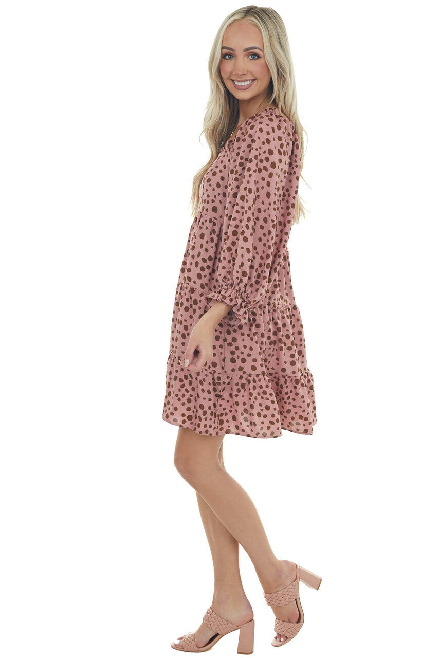 Dusty Rose Dalmatian Tiered Puff Sleeve Dress