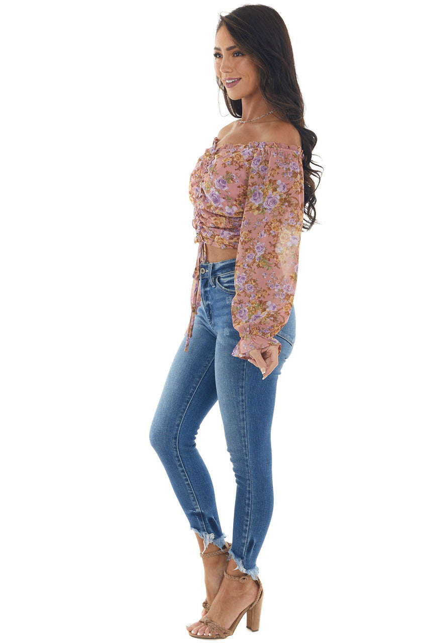 Dusty Rose Floral Print Ruched Front Crop Top