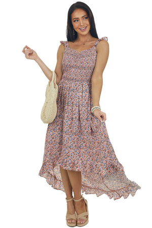 Dusty Rose Floral Smocked High Low Dress
