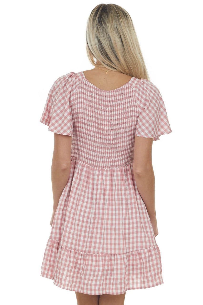 Dusty Rose Gingham Smocked Woven Short Dress
