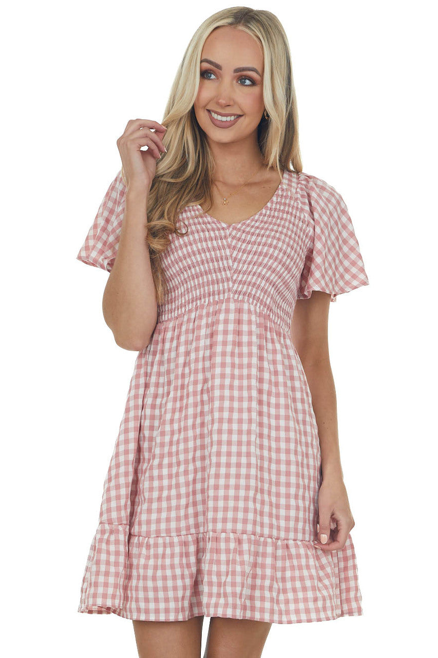 Dusty Rose Gingham Smocked Woven Short Dress