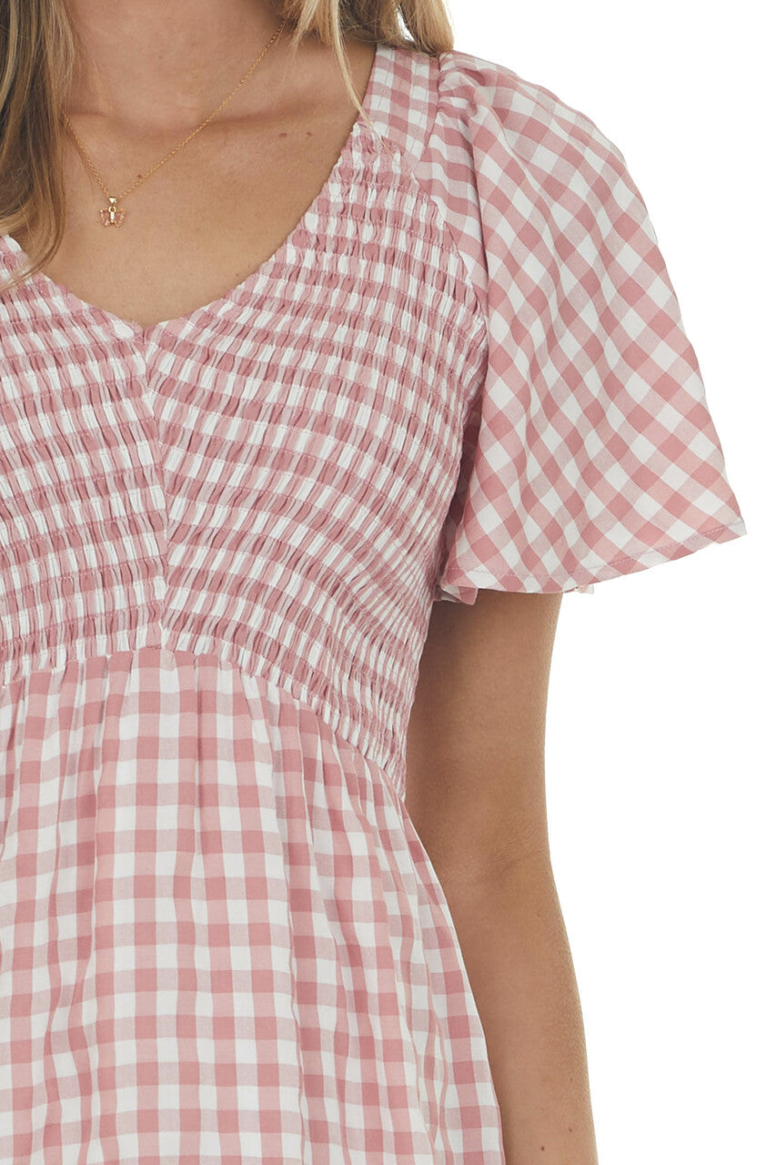 Dusty Rose Gingham Smocked Woven Short Dress