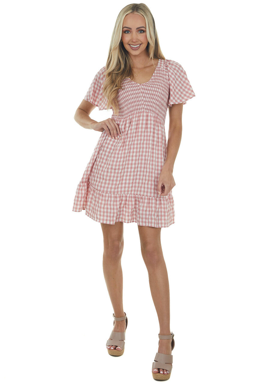 Dusty Rose Gingham Smocked Woven Short Dress