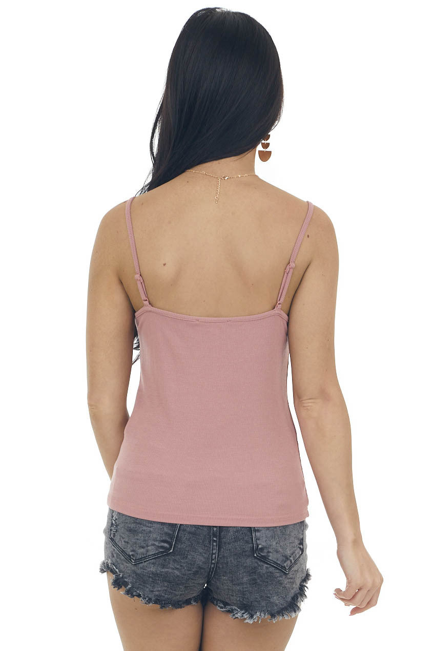Dusty Rose Lace Embroidery Ribbed Tank Top