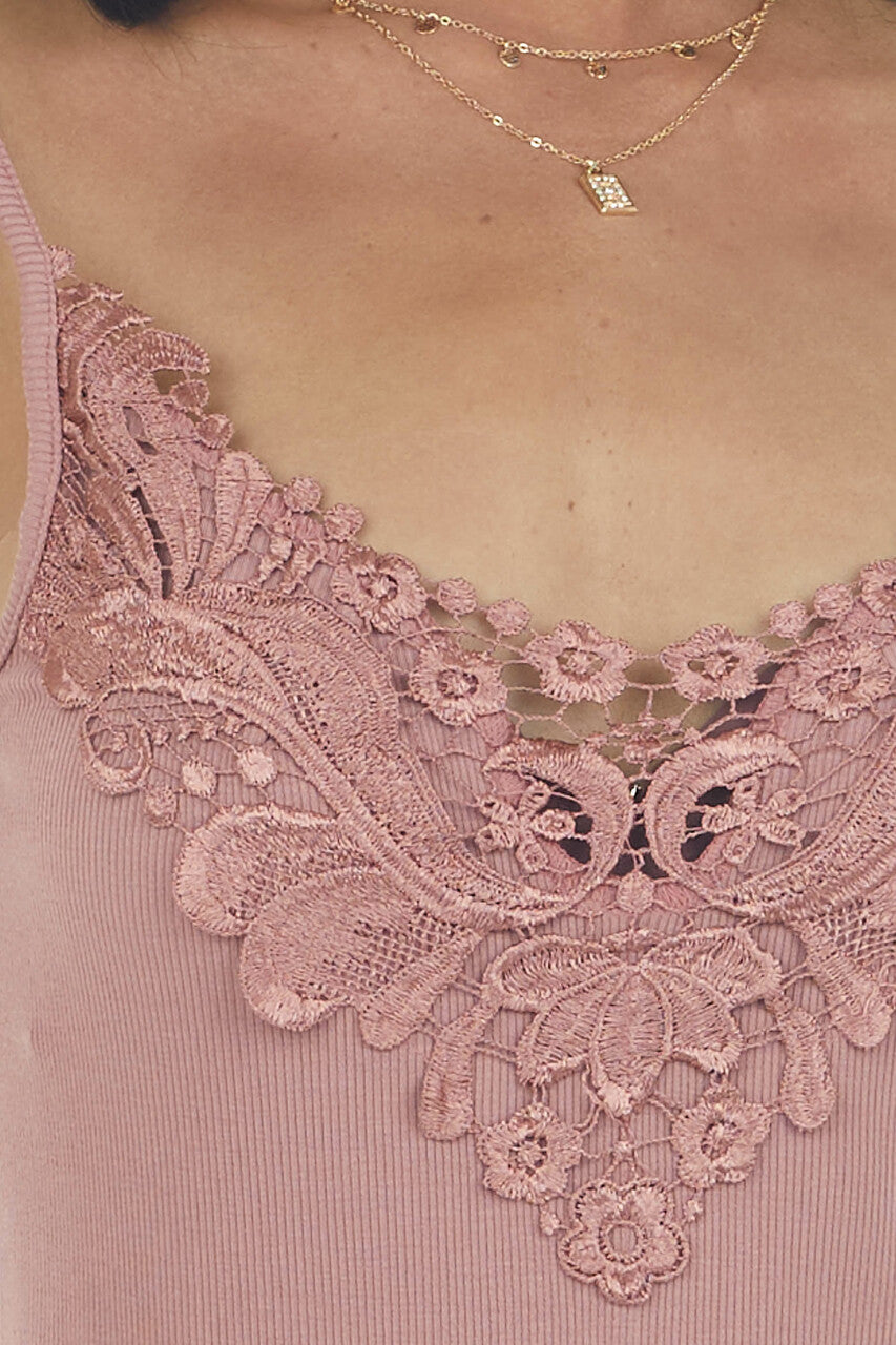 Dusty Rose Lace Embroidery Ribbed Tank Top