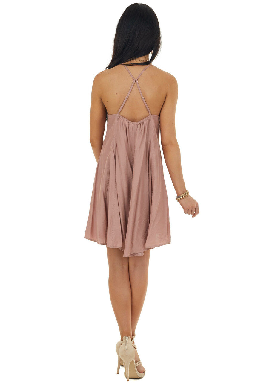 Dusty Rose Large Pleat Sleeveless Cami Dress with V Neck 