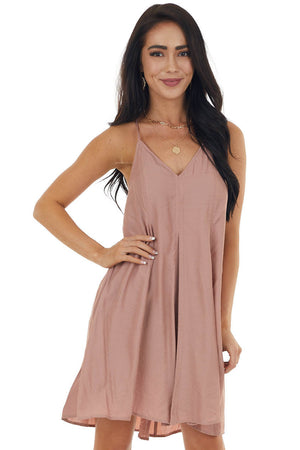 Dusty Rose Large Pleat Sleeveless Cami Dress with V Neck 