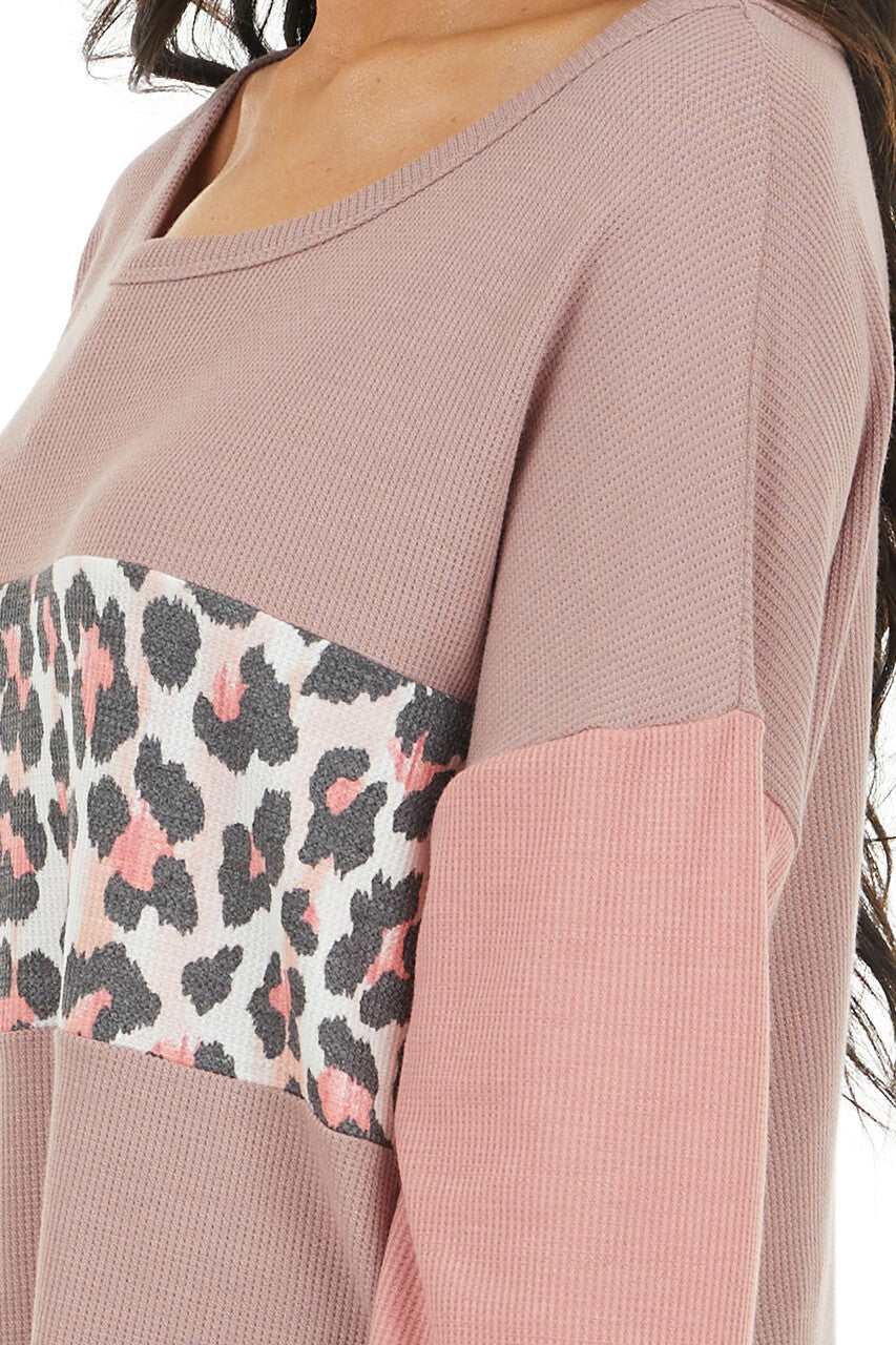 Dusty Rose Leopard Print Colorblock Long Sleeve Top