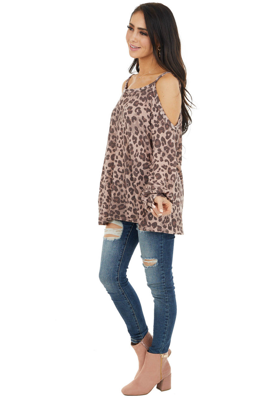 Dusty Rose Leopard Print Long Sleeve Cold Shoulder Top