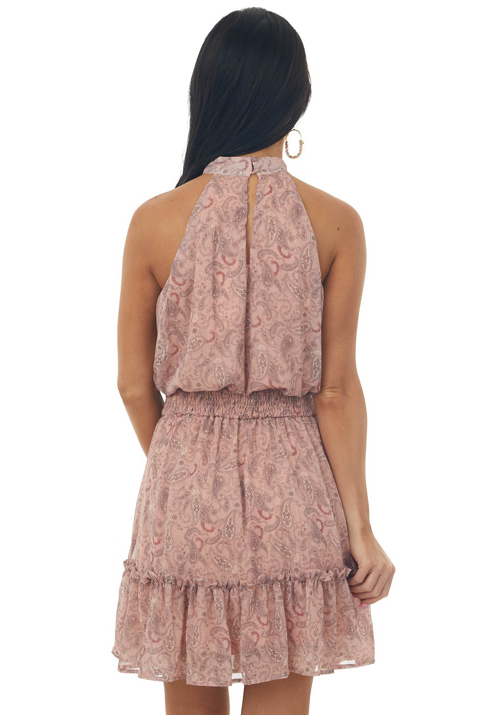 Dusty Rose Paisley Print Halter Neck Woven Dress