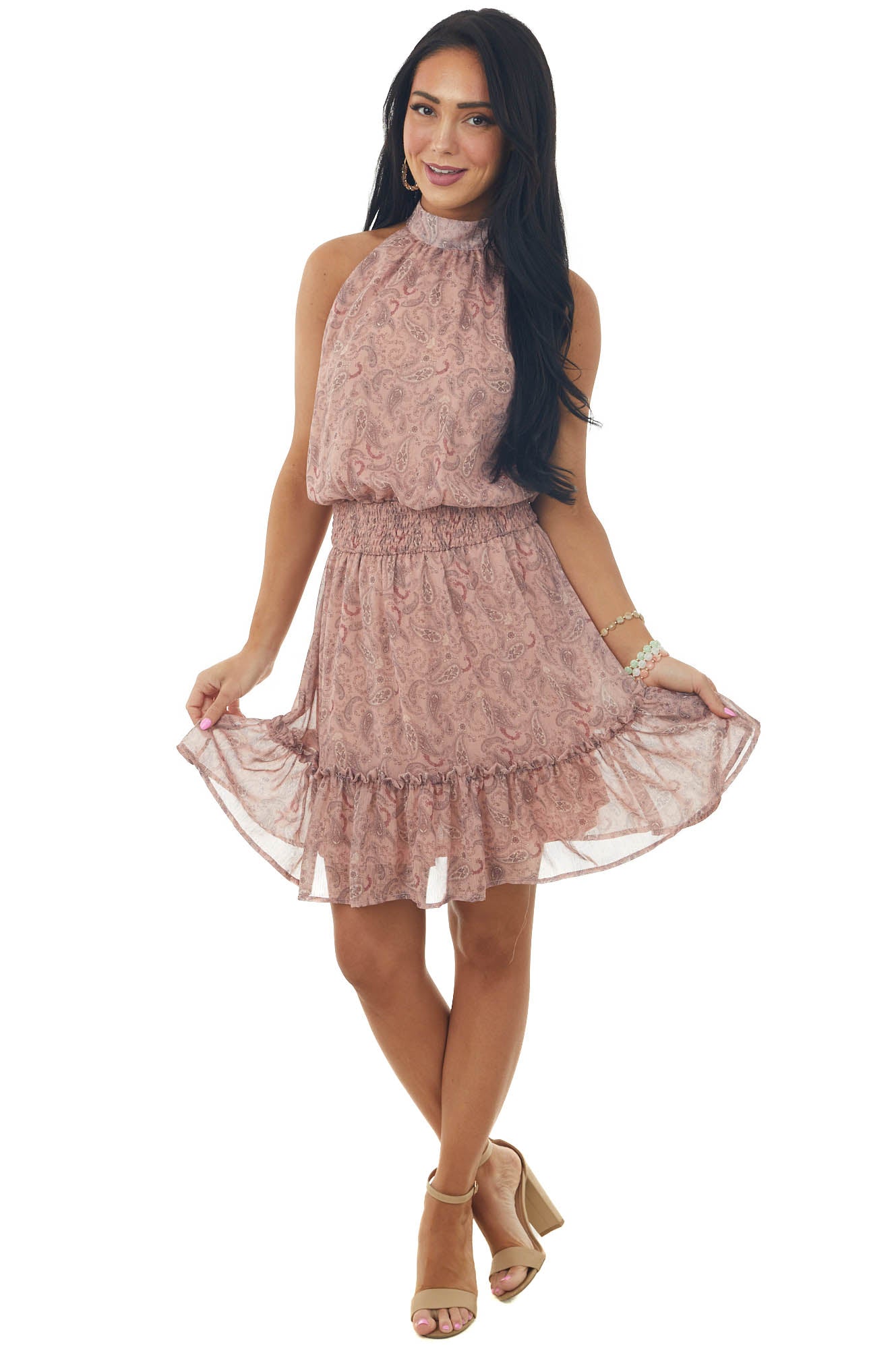 Dusty Rose Paisley Print Halter Neck Woven Dress