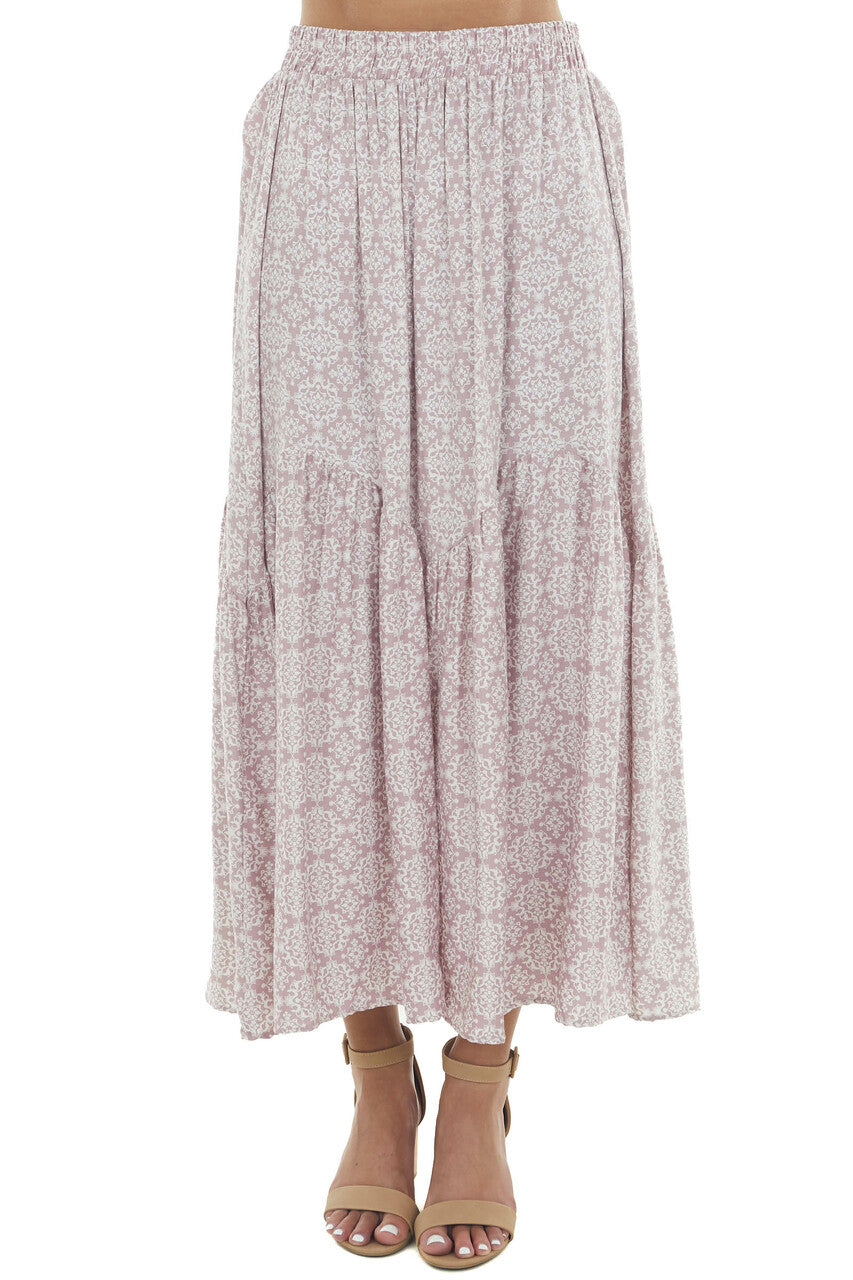 Dusty Rose Printed Tiered Woven Maxi Skirt