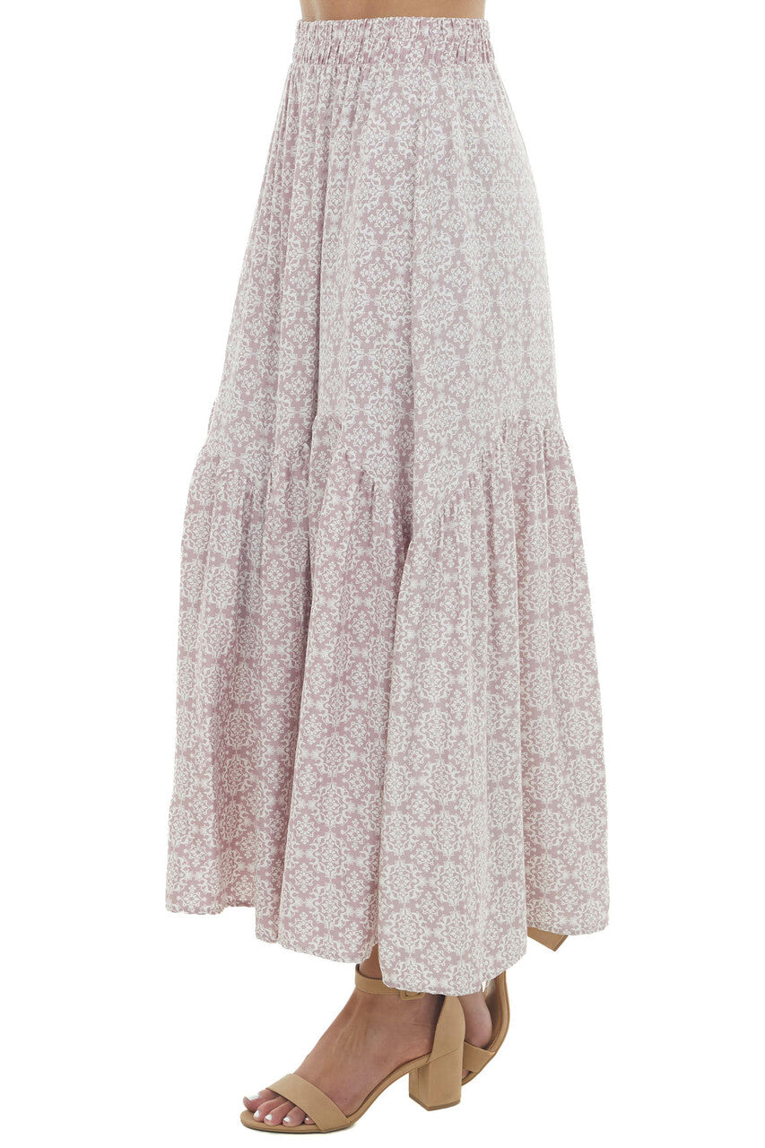 Dusty Rose Printed Tiered Woven Maxi Skirt