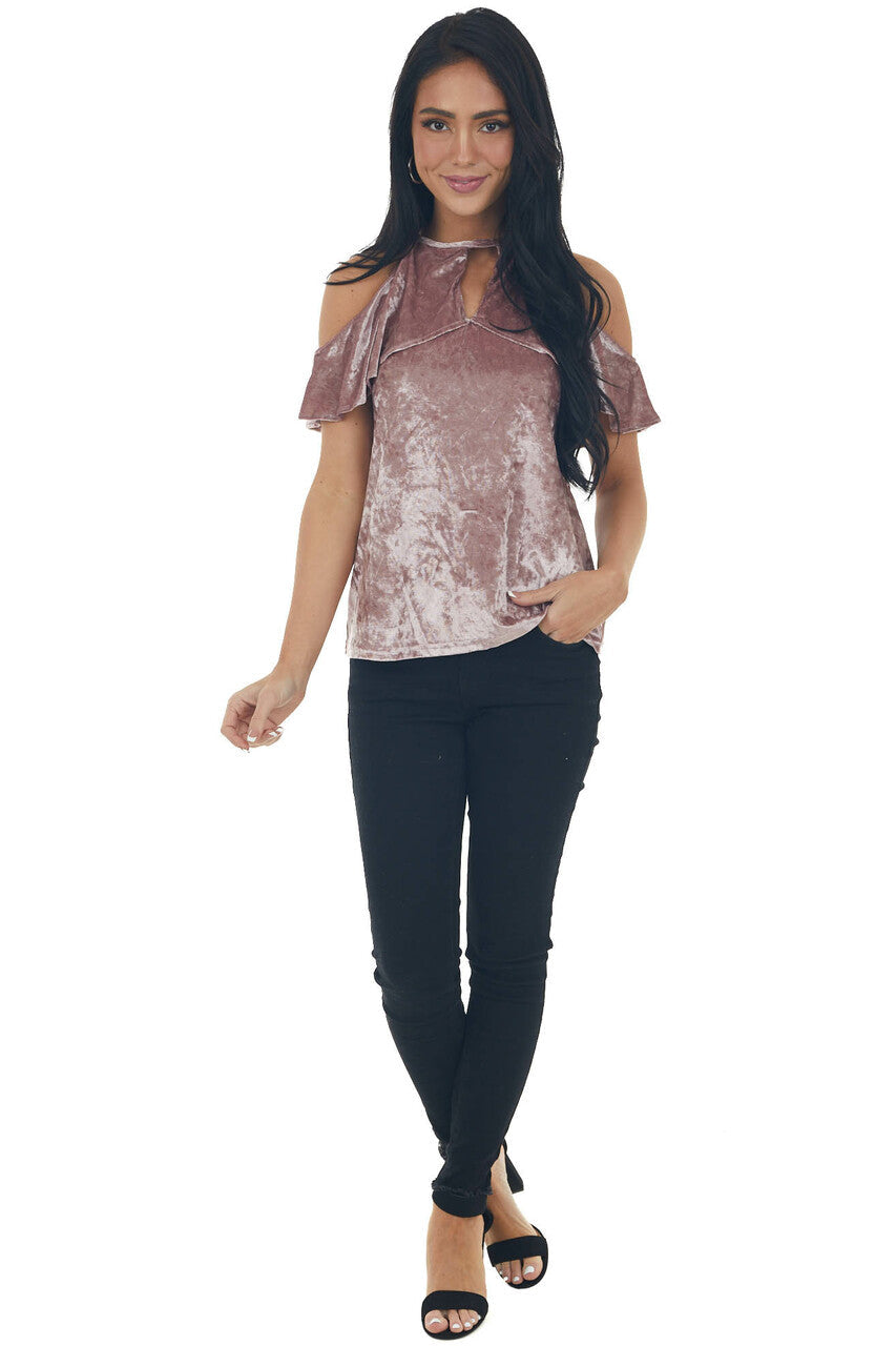 Dusty Rose Velvet Ruffle Cold Shoulder Top