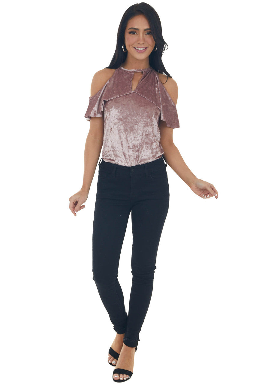 Dusty Rose Velvet Ruffle Cold Shoulder Top
