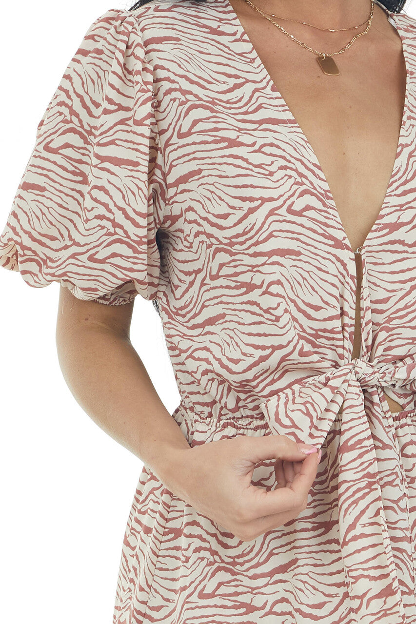 Dusty Rose Zebra Ruffle Hem Front Tie Dress 