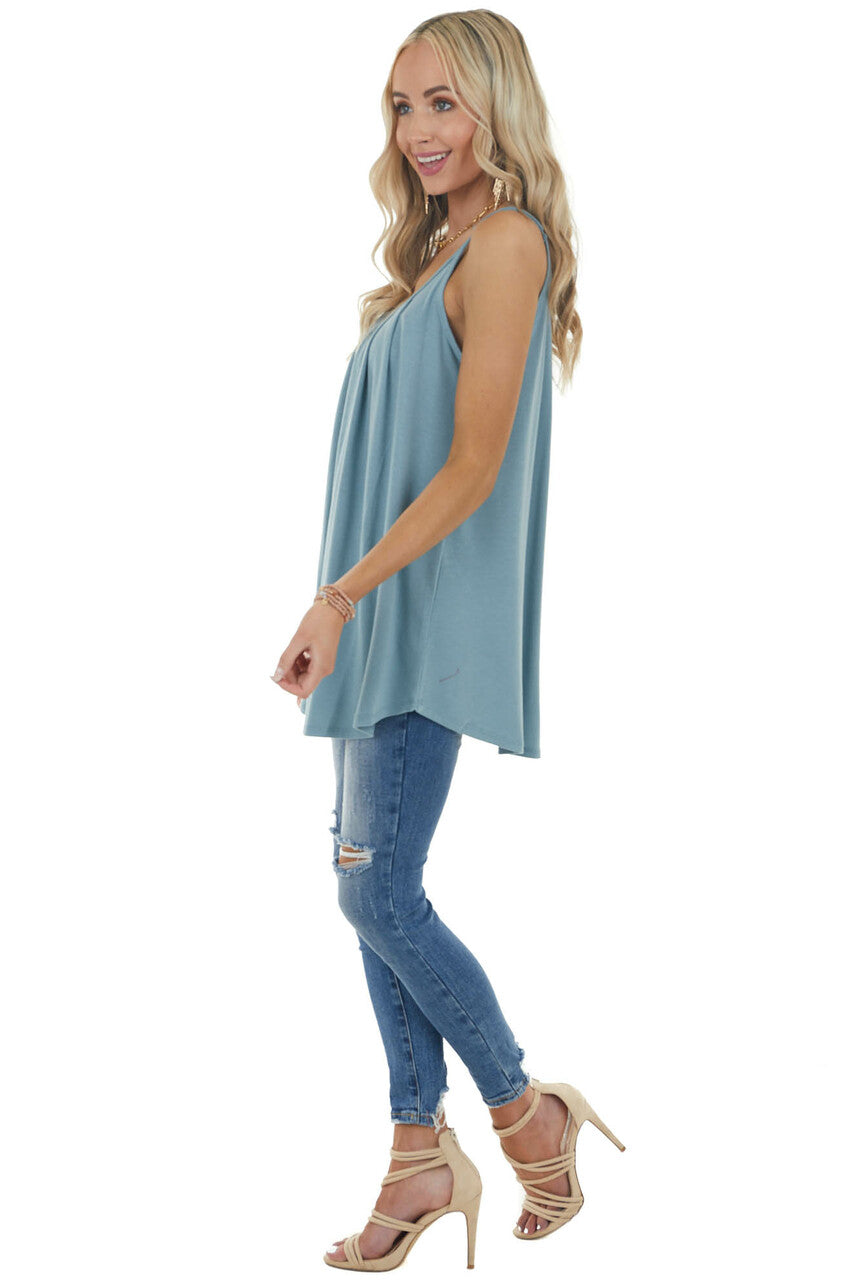 Dusty Teal Sleeveless Knit Top with Pleated Neckline