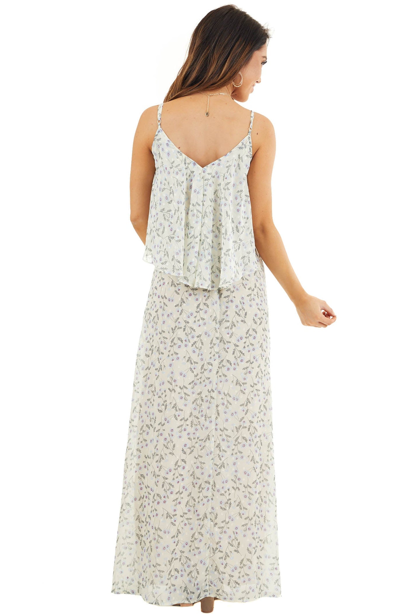 Eggshell Floral Print Sleeveless Maxi Dress with V Neckline